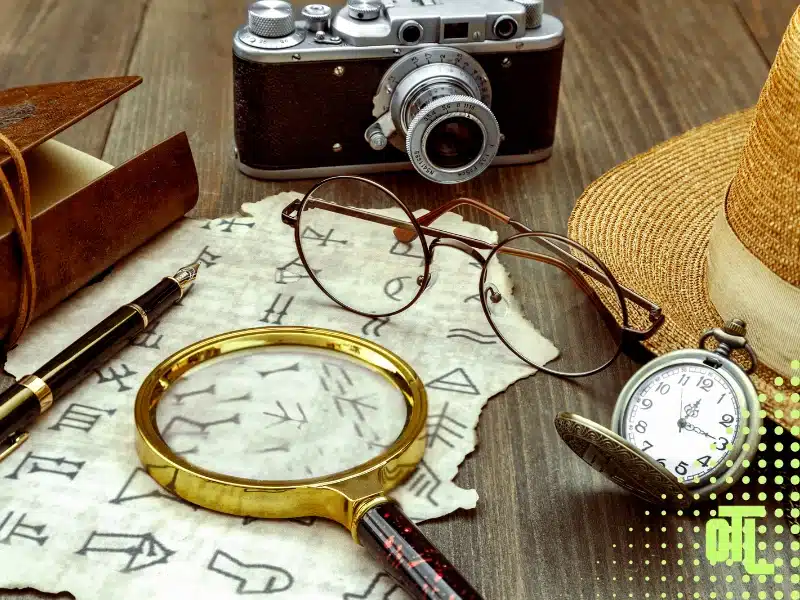 Scavenger hunt side quest with magnifying glass, vintage camera, map notes, and adventure gear on a wooden table.