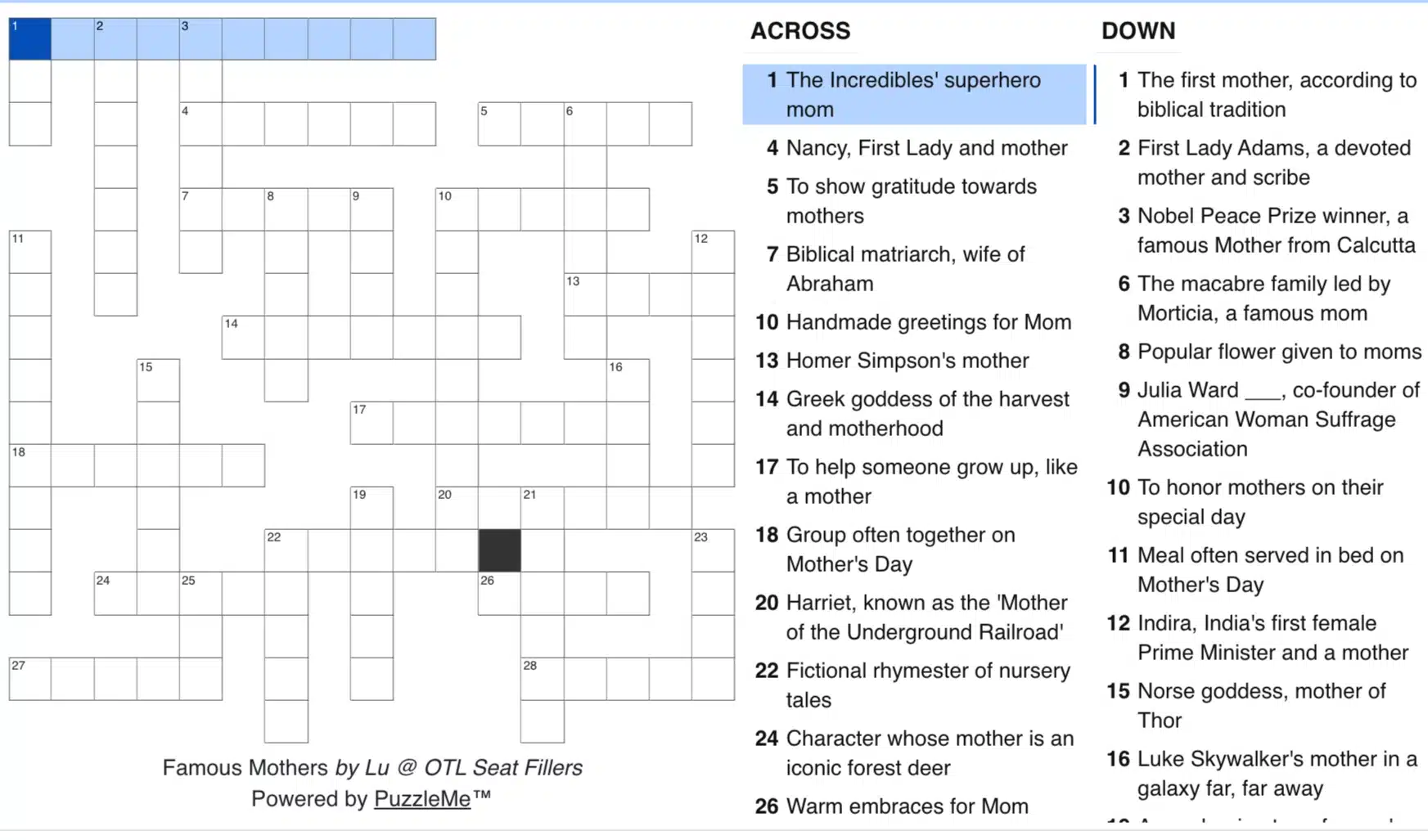 Mother’s Day crossword puzzle titled Famous Mothers with across and down clues displayed beside the puzzle grid