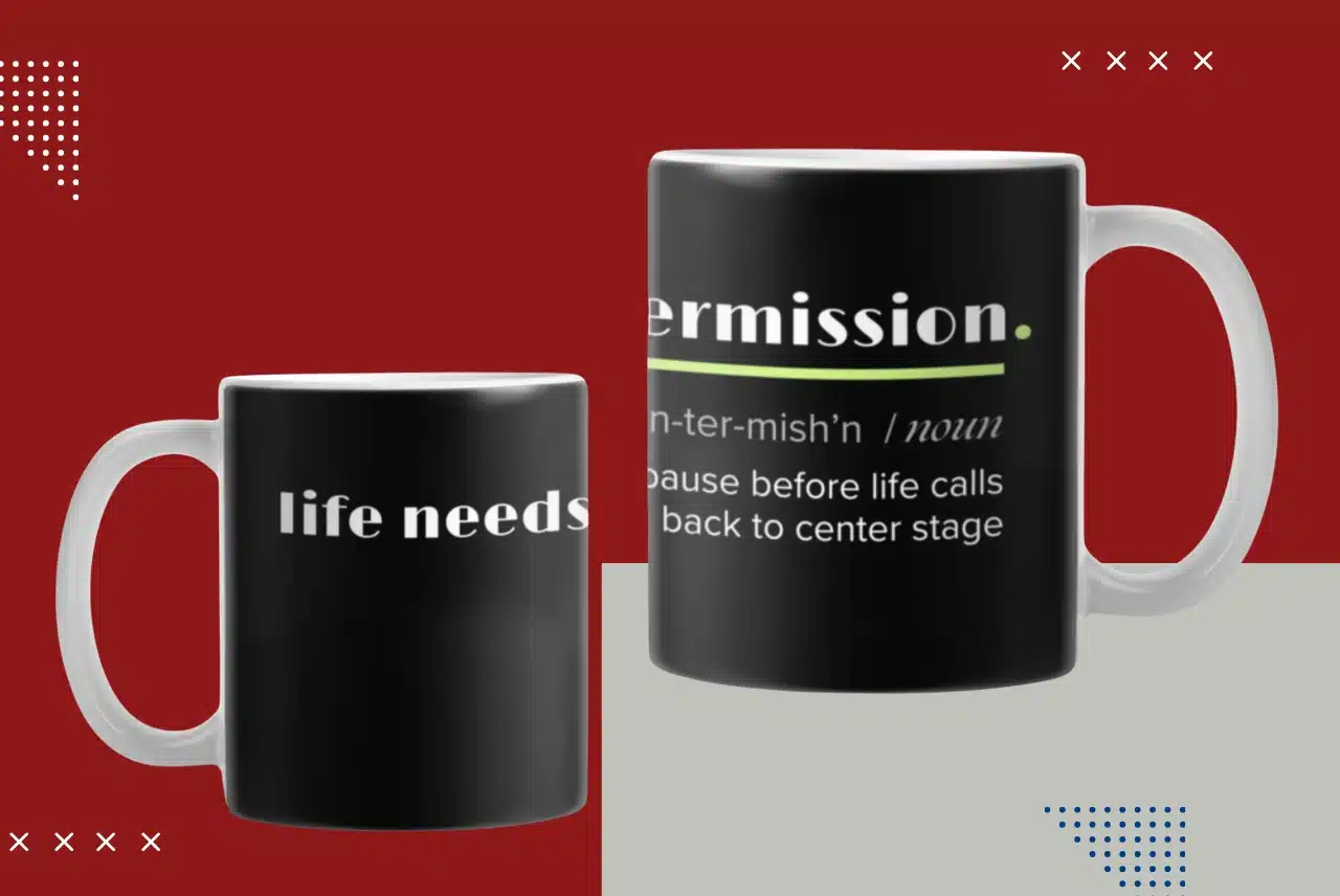Life Needs Intermission Busy Life Edition black mug mockup with red and gray graphic background.