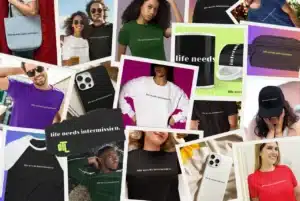 Collage of Life Needs Intermission merchandise with OTL branding, including shirts, mug, tote, hat, and accessories