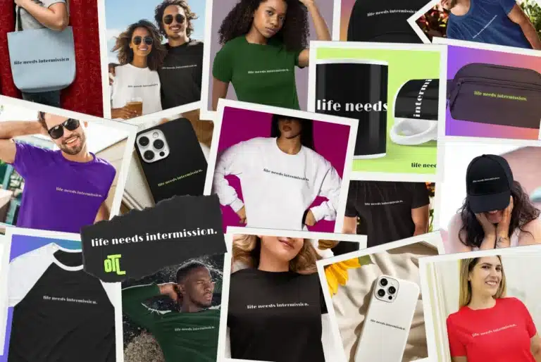 Collage of Life Needs Intermission merchandise with OTL branding, including shirts, mug, tote, hat, and accessories