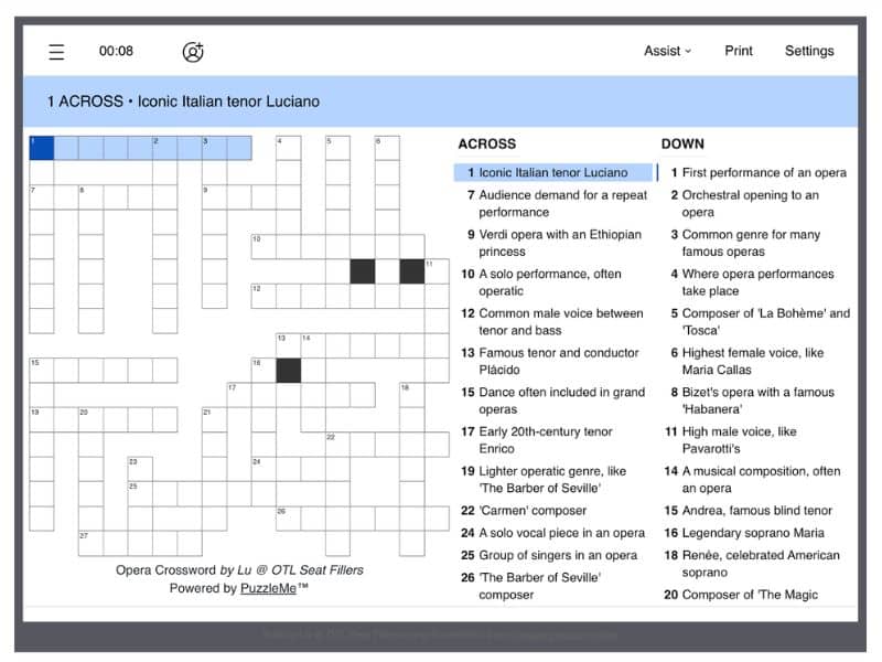 Opera-themed crossword puzzle graphic featuring clues and answers related to opera terms, composers, and performances.
