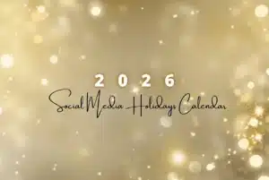 2026 Social Media Holidays Calendar graphic with gold bokeh lights, soft sparkles, and elegant black script text.
