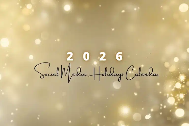 2026 Social Media Holidays Calendar graphic with gold bokeh lights, soft sparkles, and elegant black script text.