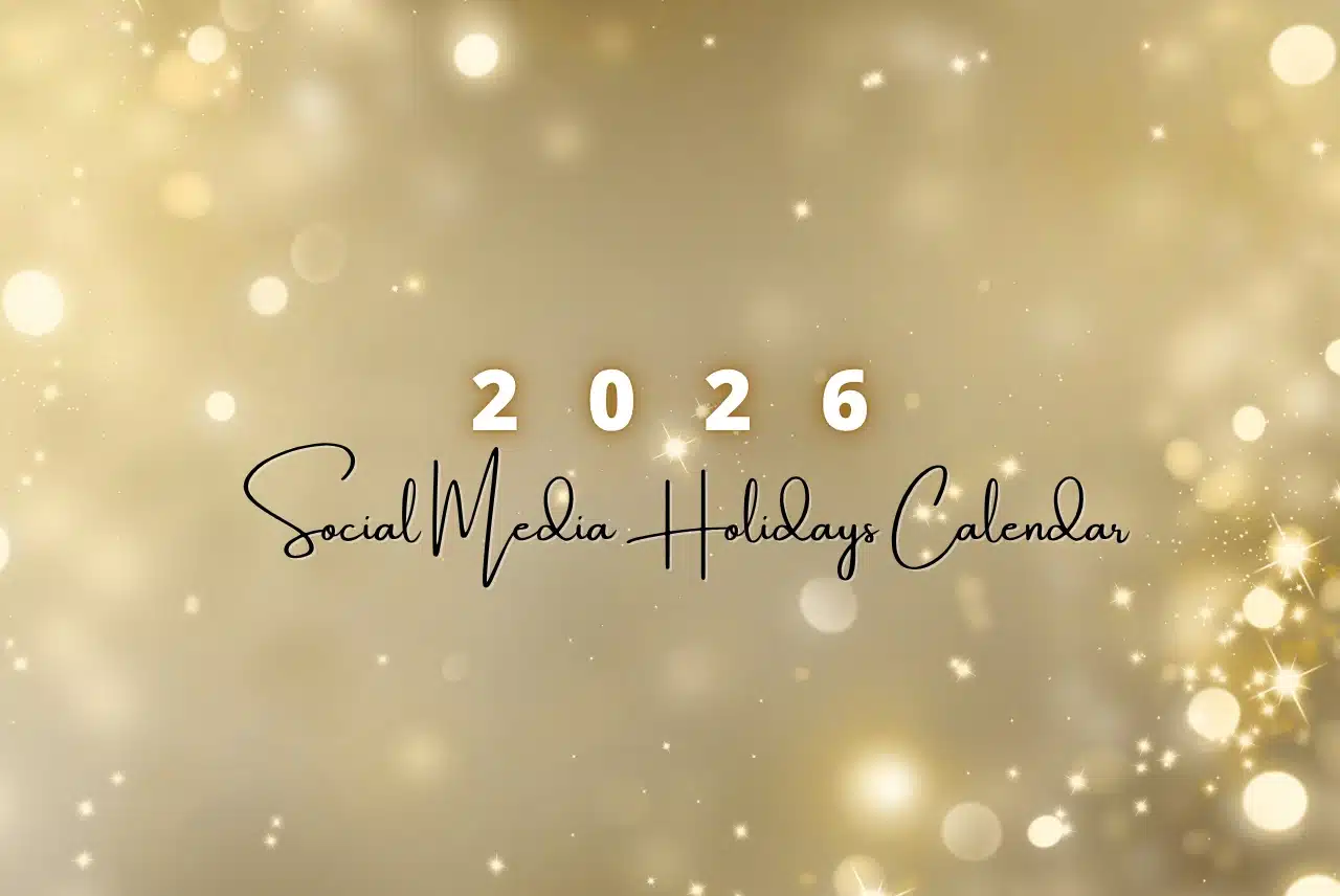 2026 Social Media Holidays Calendar graphic with gold bokeh lights, soft sparkles, and elegant black script text.