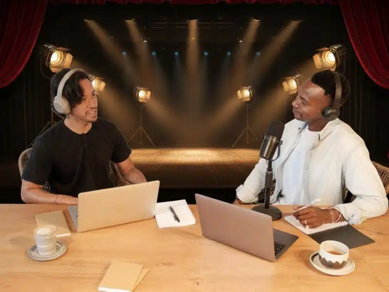 Live podcast recording on stage with two hosts, microphones, and theater lighting
