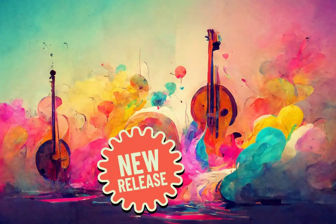 Colorful abstract music image with string instruments, bright paint clouds, and a New Release badge.