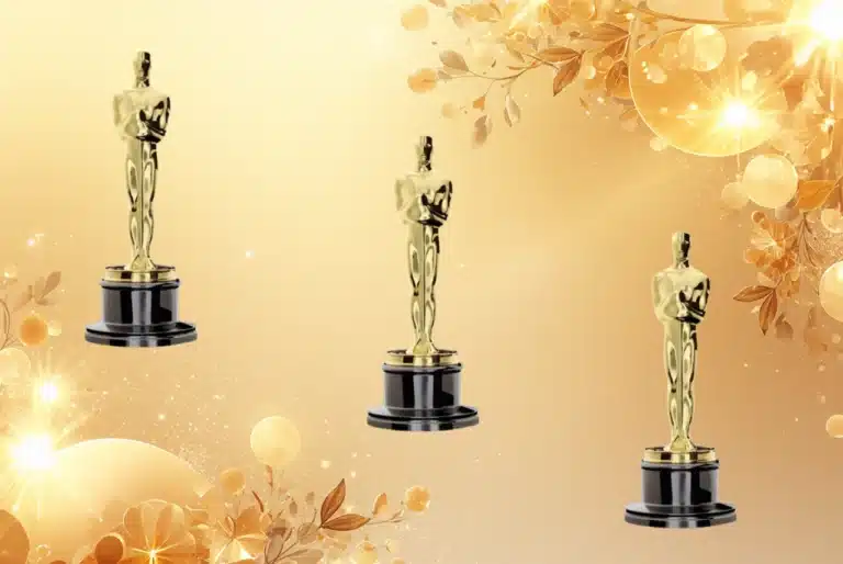 Golden Oscar-style award statues on a glowing gold background for an Academy Awards and Oscars guide.