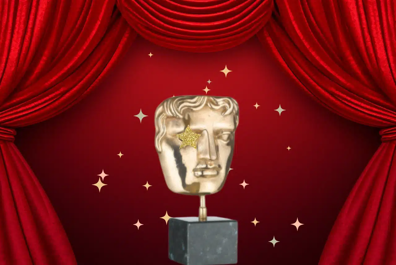 Gold BAFTA-style mask award on a red theatre curtain background with sparkling star accents.