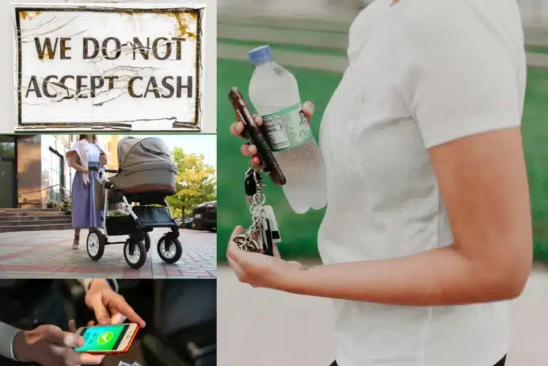 Collage showing venue rules for showgoers, including a no-cash sign, stroller, digital ticket check-in, and a person carrying a phone, keys and water bottle.