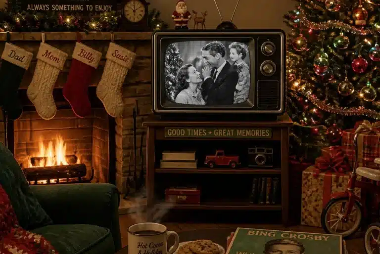 Vintage Christmas living room with stockings, a Christmas tree, a fireplace, holiday records, and an old television showing a black-and-white Christmas movie.