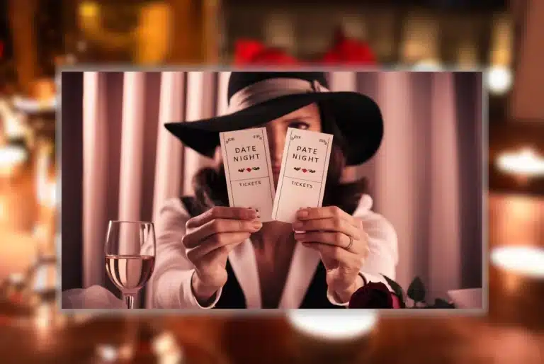 Woman holding two date night tickets at a romantic table with a wine glass and rose.