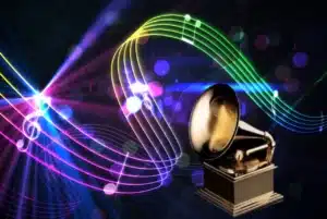 Vintage gramophone trophy with colorful neon music notes and stage lights for a GRAMMY Awards guide.