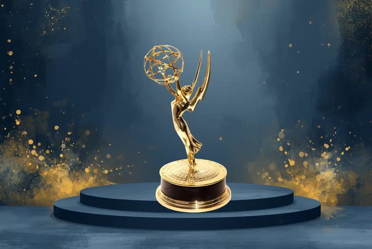 Gold Emmy-style award statue on a dark blue stage with gold confetti accents.