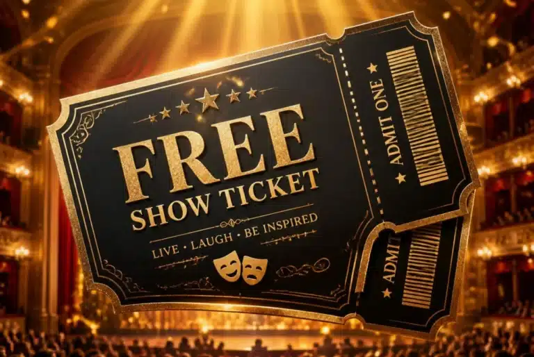 Black and gold “Free Show Ticket” theatre tickets floating in front of a glowing stage and audience.