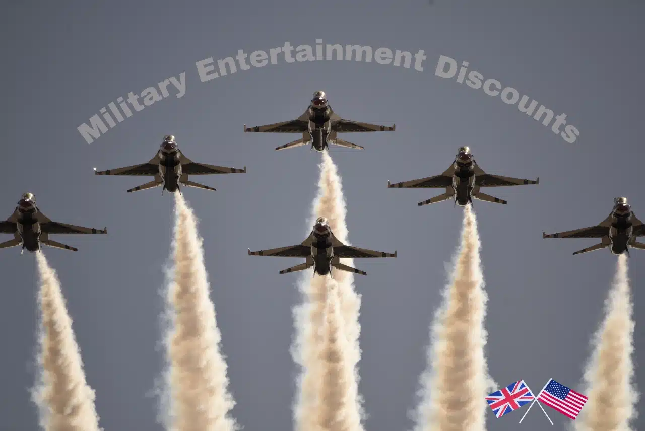 Military entertainment discounts graphic with fighter jets flying overhead and US and UK flags in the corner.