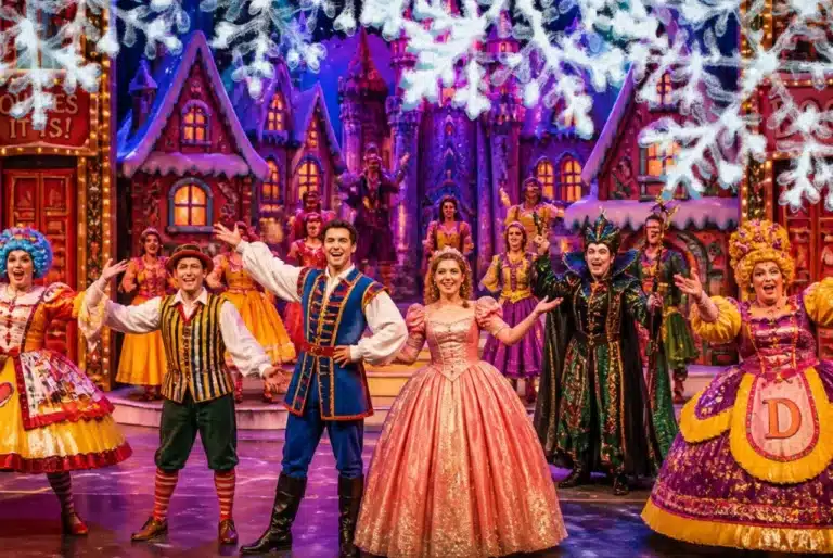 Cast performing a colorful Christmas pantomime on stage with fairy-tale costumes, snow decorations, and a festive village backdrop.