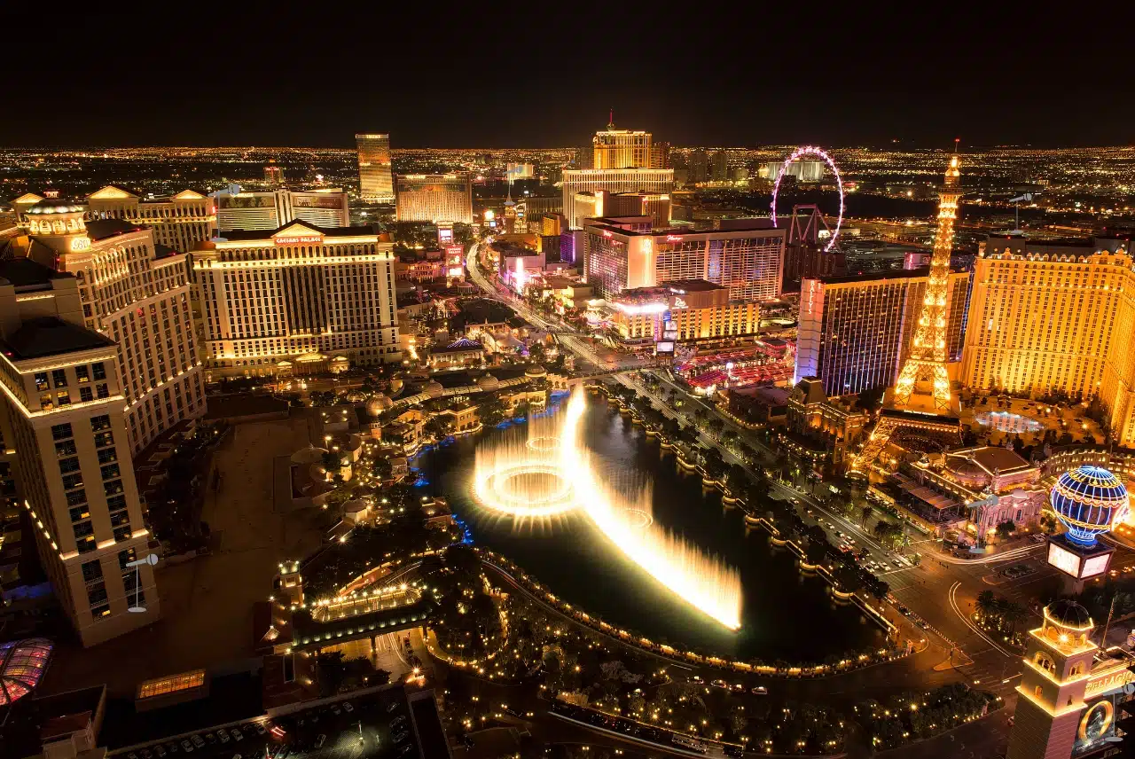 Free Las Vegas comedy shows guide image with the Las Vegas Strip lit up at night.