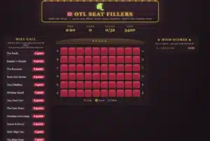 OTL Seat Fillers game screen showing a theater seating puzzle with will call parties, red seats, timer, score, and high-score board.