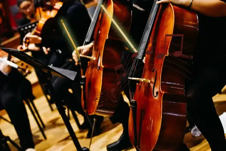 Cellists performing together in a symphony orchestra, with warm stage lighting and musical notes layered across the instruments.