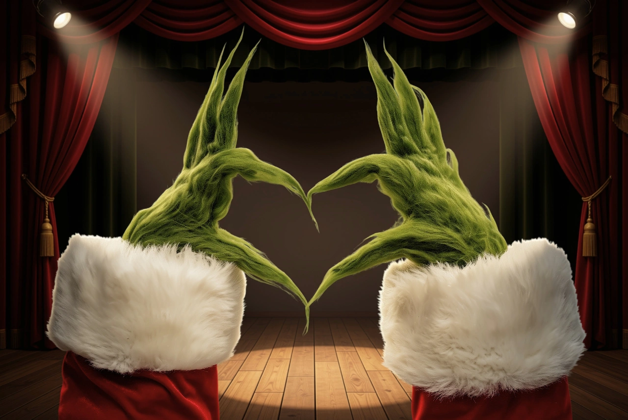 Green furry holiday hands form a heart above a theatre stage framed by red curtains and spotlights.