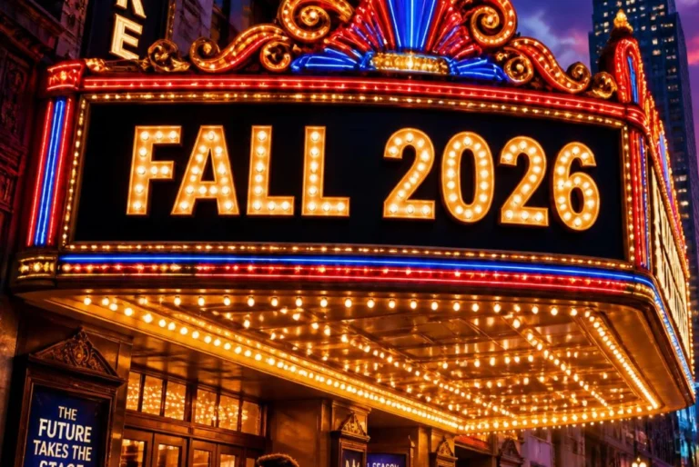 Illuminated theatre marquee displaying “Fall 2026"