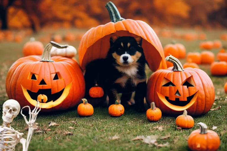 Black and tan puppy sitting inside a hollowed-out giant pumpkin between two glowing carved jack-o’-lanterns, with a toy skeleton and small pumpkins on the grass of an autumn pumpkin patch.